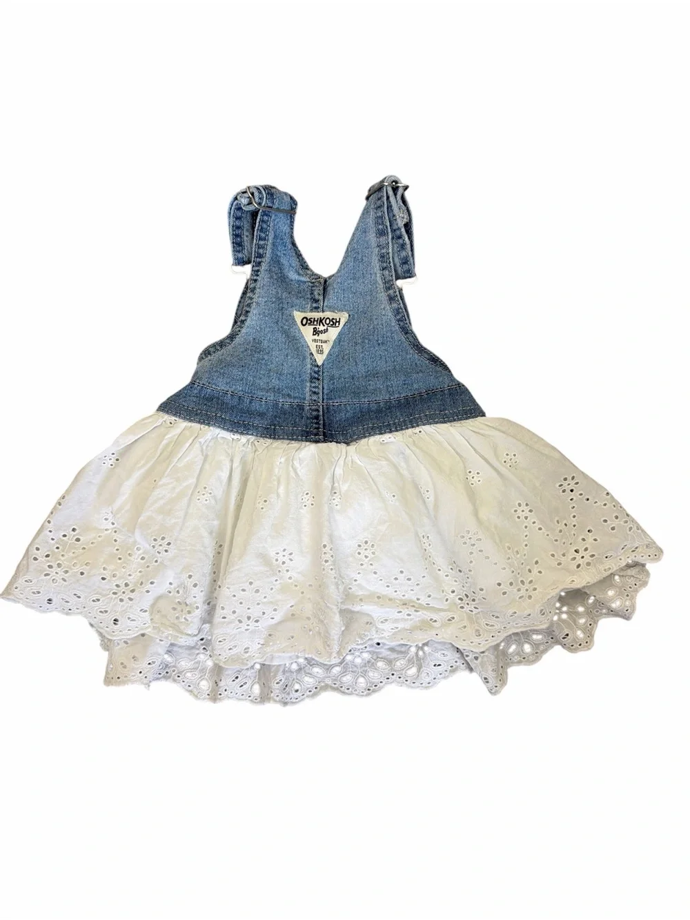 OshKosh B’gosh Baby Girl 12M Denim Eyelet Lace Overall Skirtall Dress
